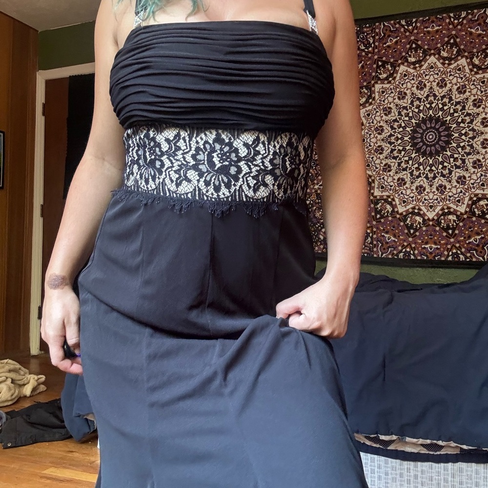 David Meister Black and Cream Strapless Dress